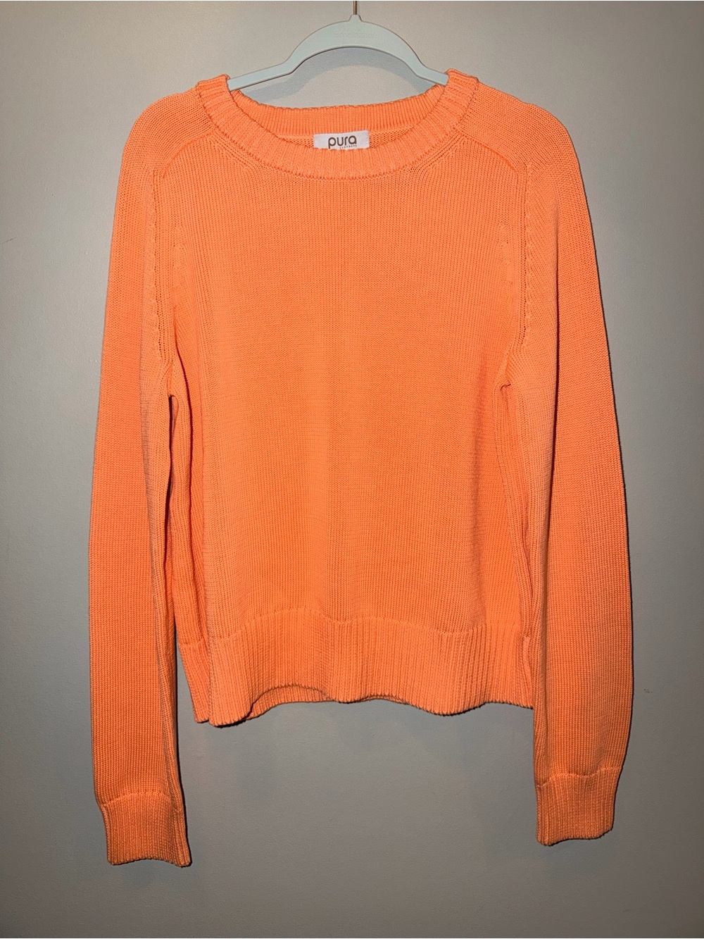 Pura Cashmere bright coral orange shaker knit crewneck sweater quiet luxury